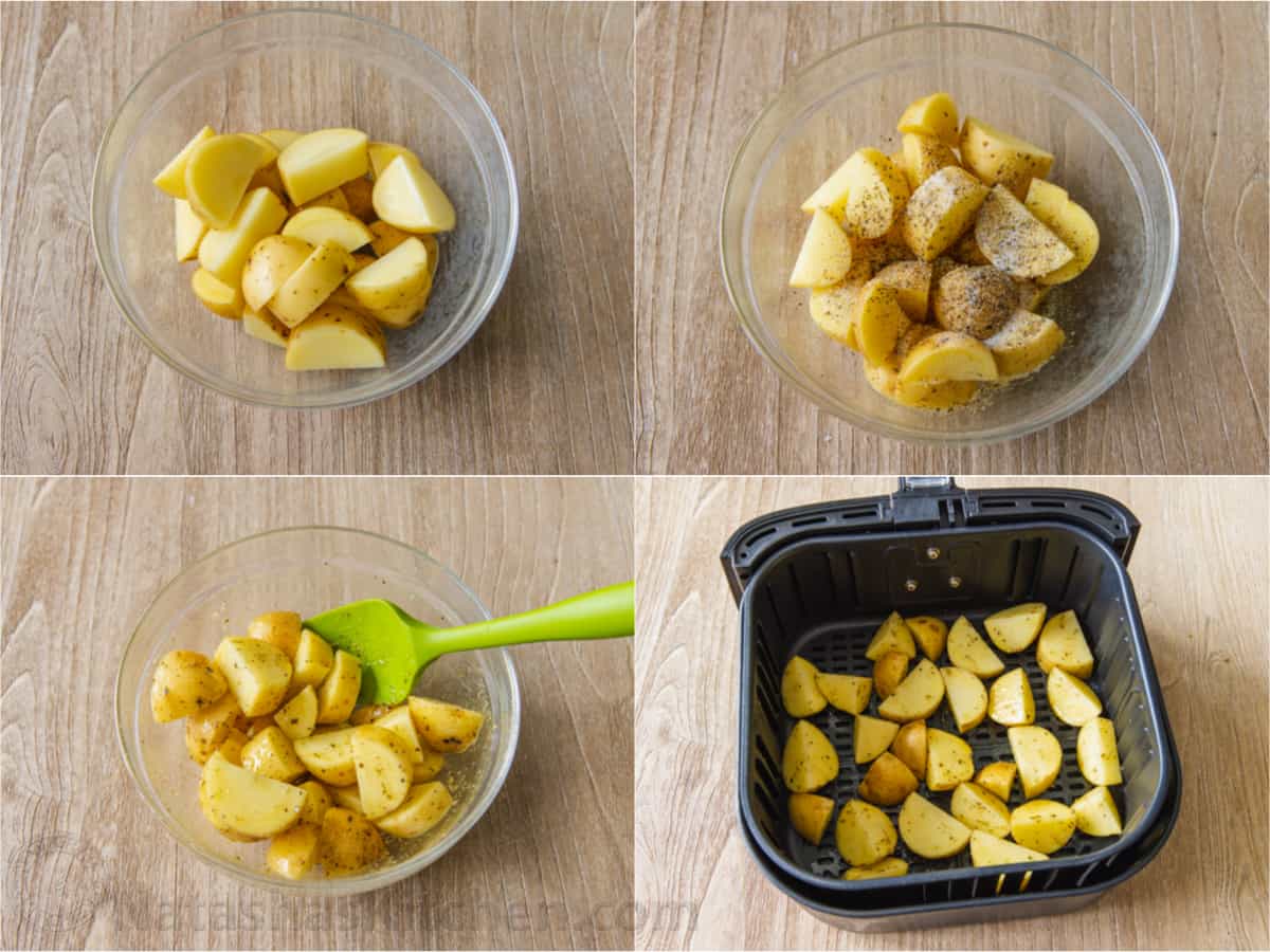 These easy, 20-minute air fryer roasted potatoes are ready in half the time as oven-roasted potatoes and they turn out just as crispy! Photo collage showing the process of roasting potatoes in the air fryer.