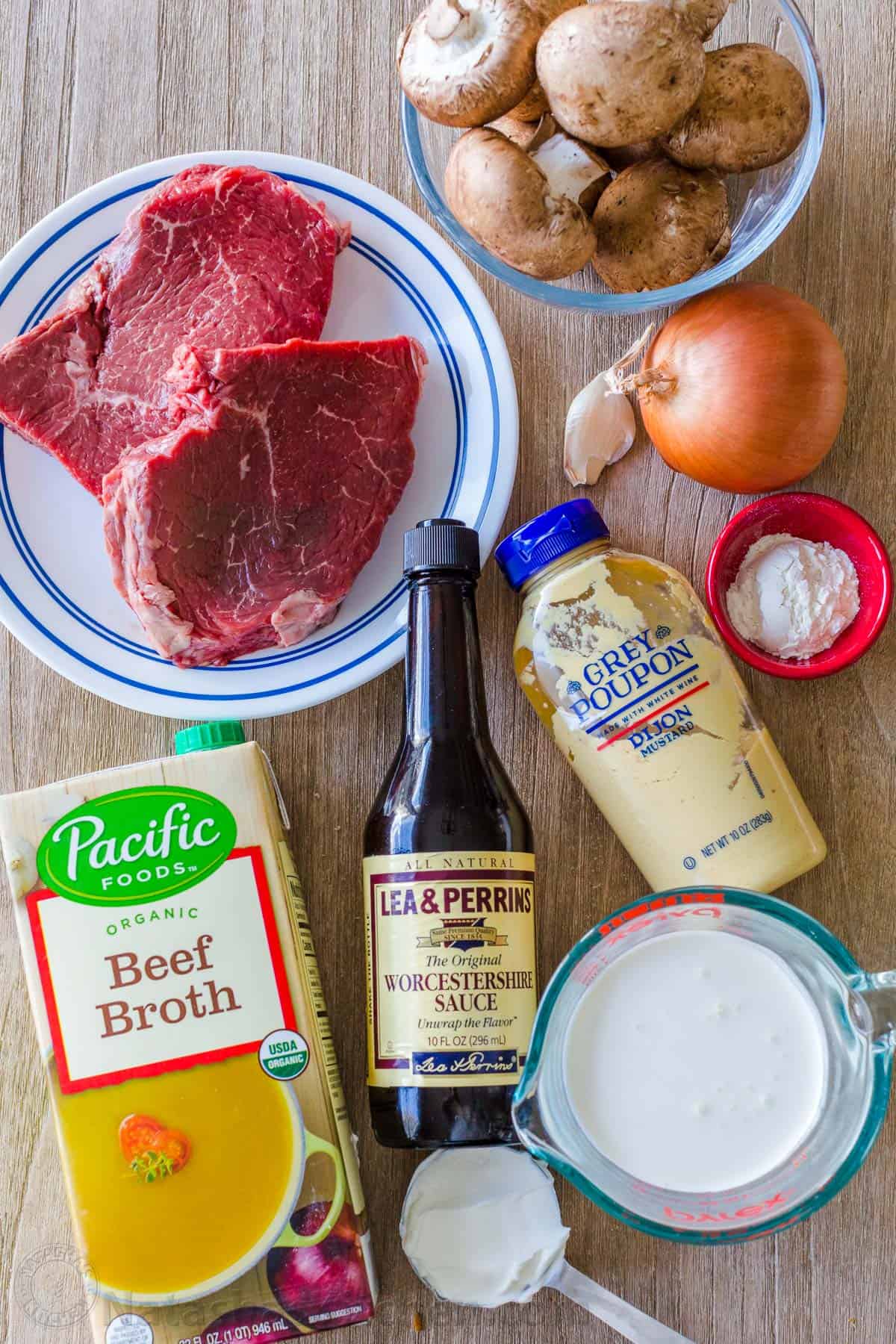 Classic Beef Stroganoff with tender strips of beef and mushrooms in an creamy Stroganoff sauce, served over noodles. An easy, one-pan, 30-minute recipe! #beefstroganoff #beefstroganoffrecipe #stroganoff #beef #beefrecipes #dinner #onepandinner #natashaskitchen Ingredients for stroganoff with beef, mushrooms, broth, mustard, sour cream, whiping cream