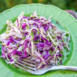 Cabbage and cucumber salad on a green plate with a fork beside it