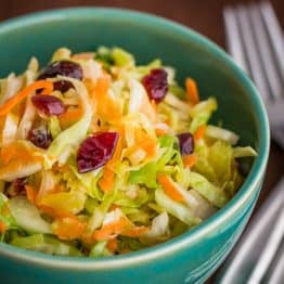 A close up of a green bowl of cabbage, carrot and cranberry salad