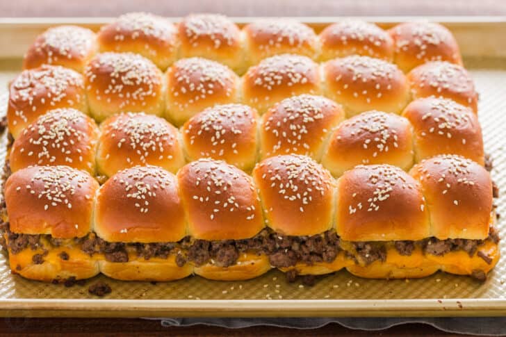 Hamburger Sliders baked on a baking sheet