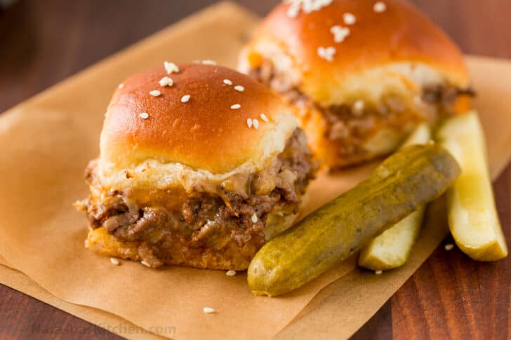 Cheeseburger sliders served with sliced pickles