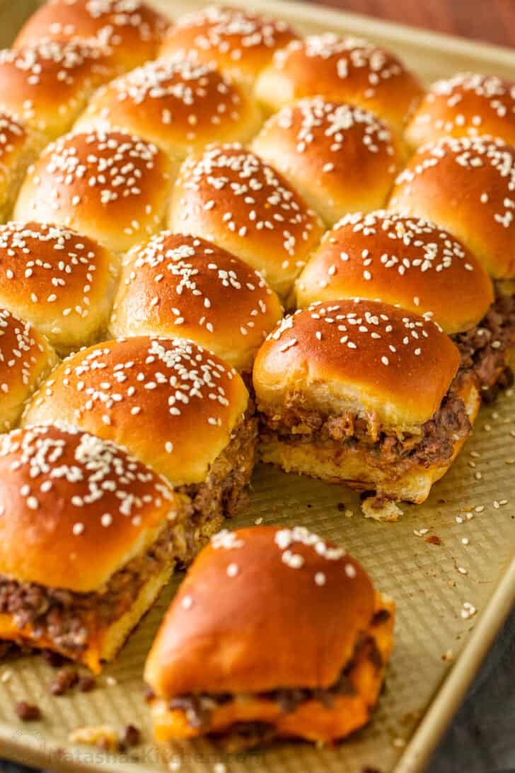 Sliders made ahead on a baking sheet