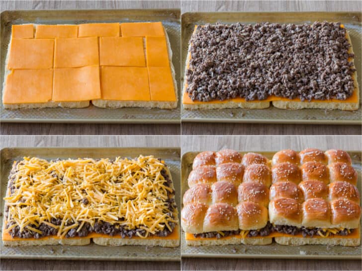 How to assemble sliders with buns, cheese, ground beef, more cheese and topped with slider buns. 