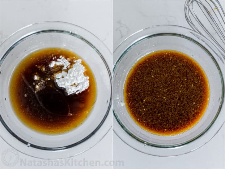 Chow mein sauce process, two bowls next to each other. 