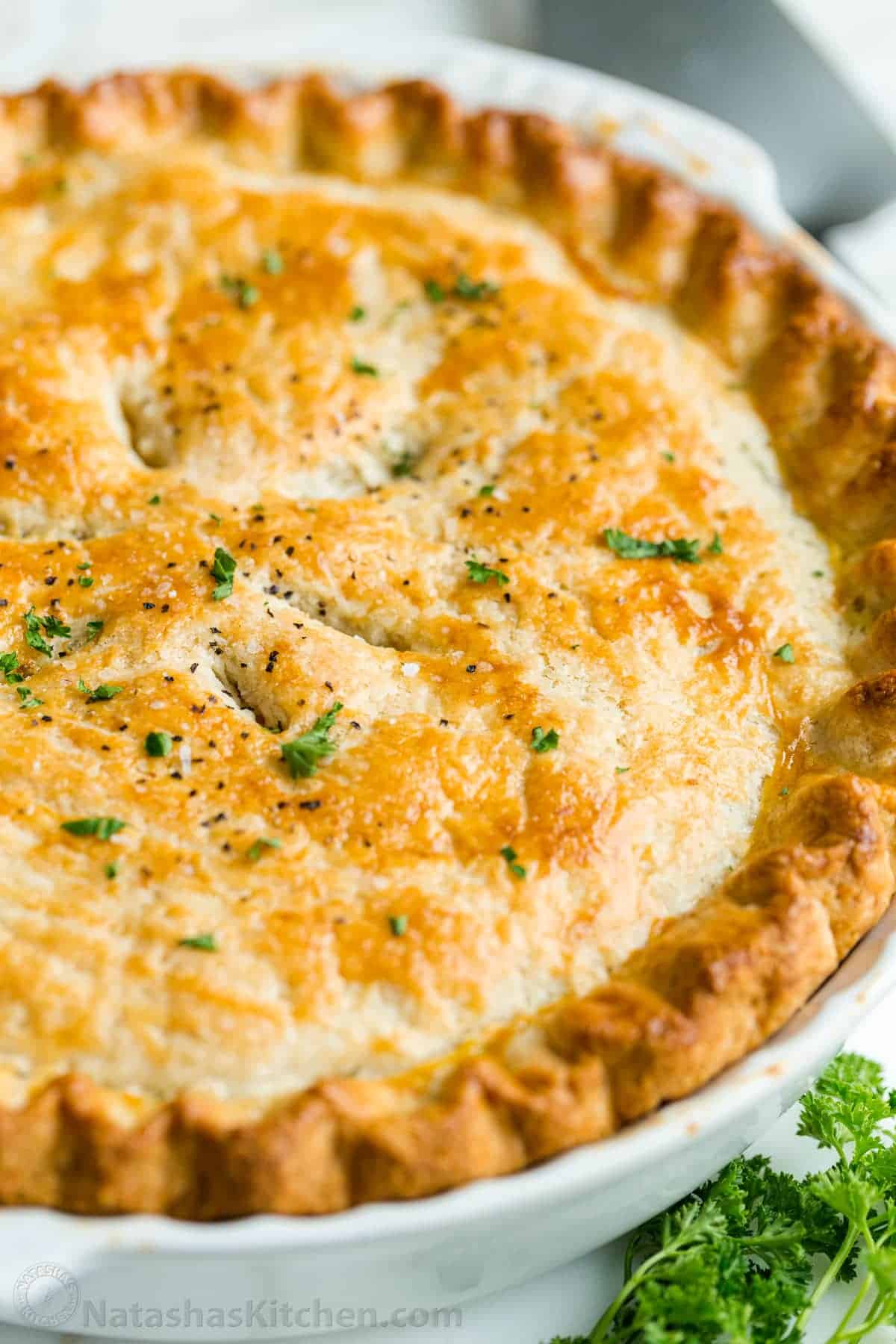 Chicken Pot Pie Recipe with a flaky crust, filled with juicy chicken and veggies in gravy. Homemade Chicken Pot Pie is a classic comfort food. Savory pie crust top for chicken pot pie