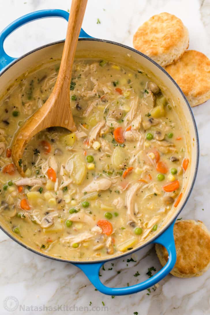 Chicken Pot Pie Soup is creamy, hearty, and delicious. This soup has all the comforts of Chicken Pot Pie without having to make a crust. Pot Pie soup cooked in a dutch oven pot