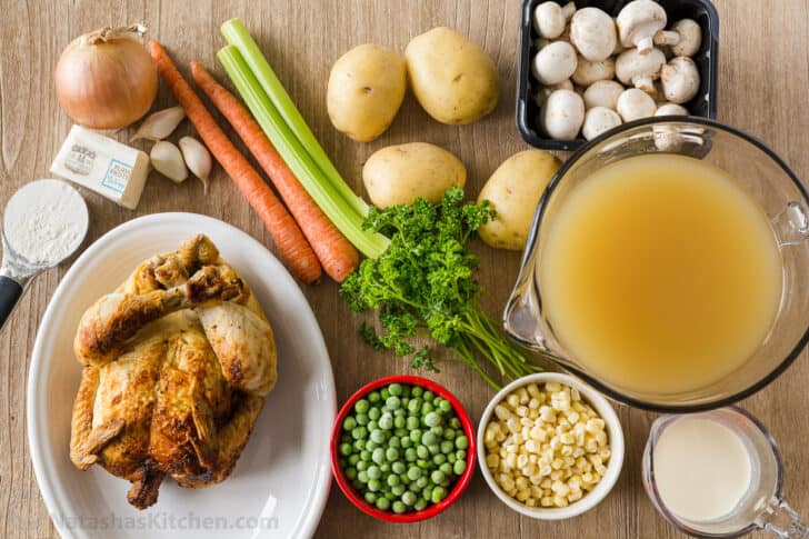 Chicken Pot Pie Soup is creamy, hearty, and delicious. This soup has all the comforts of Chicken Pot Pie without having to make a crust. Ingredients for chicken pot pie soup with chicken, vegetables, and potatoes.