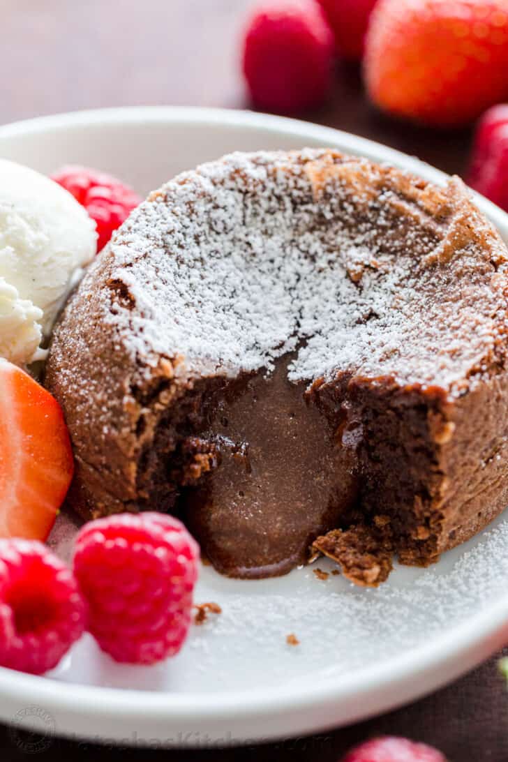 Chocolate lava cake up close showing molten chocolate center 