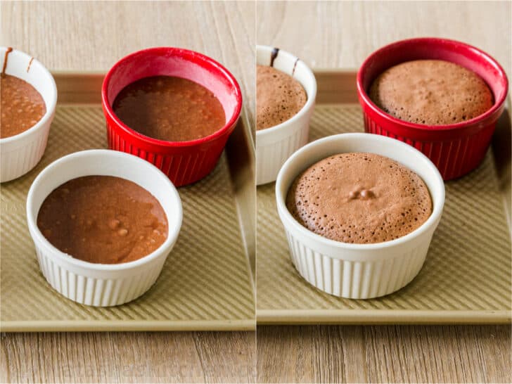 Chocolate cakes in ramekins before and after baking