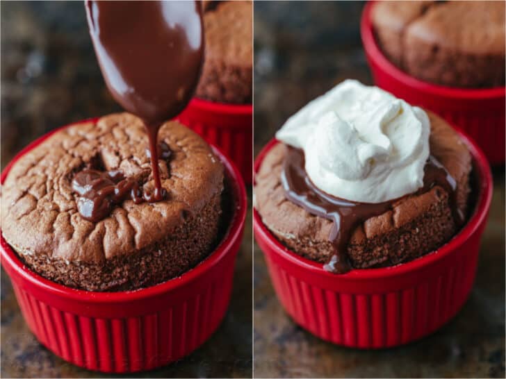 Chocolate Soufflé rises beautifully and is intensely chocolatey. Learn how to make Chocolate Soufflé with chocolate sauce and whipped cream. Toppings of chocolate and whipped cream to serve a chocolate souffle
