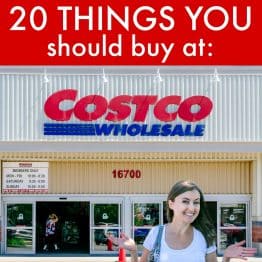 Natasha standing in front of Costco with a label that says 20 things you should buy at: