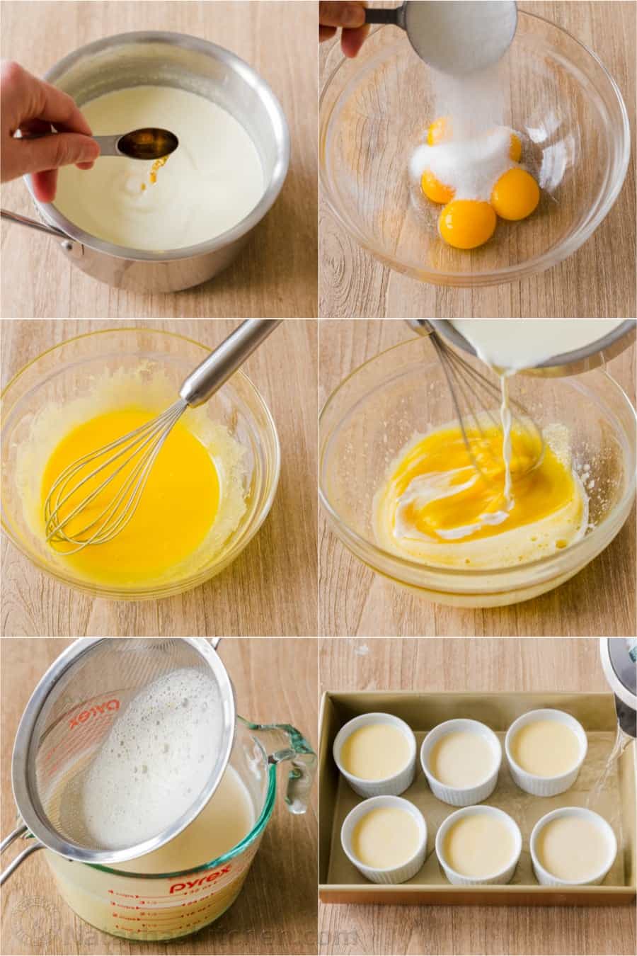 Creme Brulee is an easy dessert recipe made with just 4 ingredients! Learn how to make homemade creme brulee that tastes restaurant-quality. Photo collage showing the process for preparing creme brulee in ramekins.