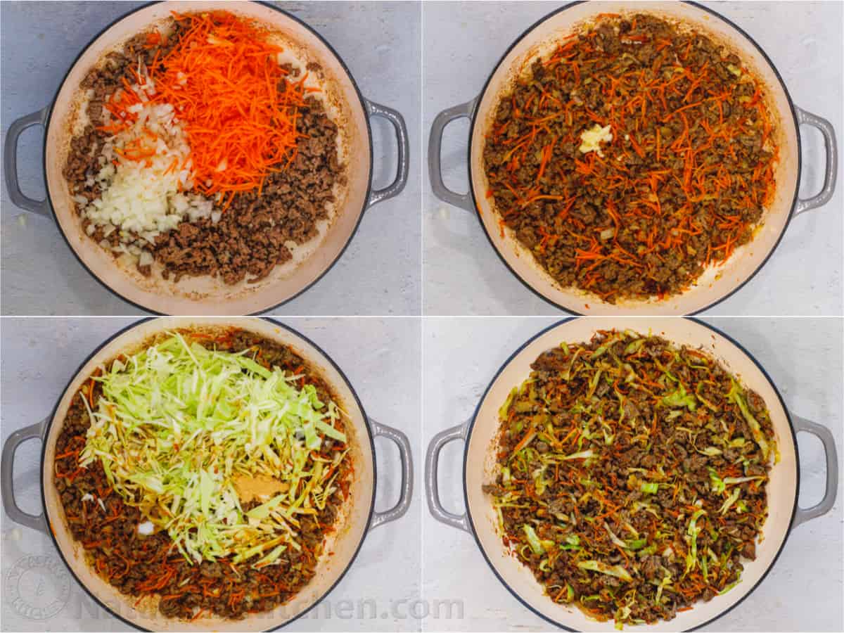 The BEST recipe for homemade deconstructed Eggroll in a Bowl, an under 30-minute meal. Step-by-step collage how to make an easy Egg roll in Bowl.