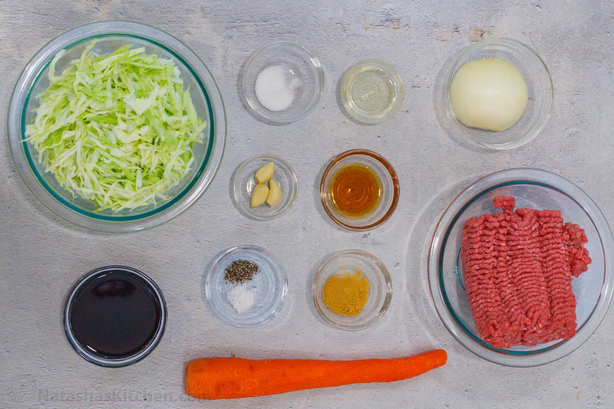 Ingredients for a Eggroll Bowl are so simple. Ingredients needed for a eggroll bowl in ramekins.