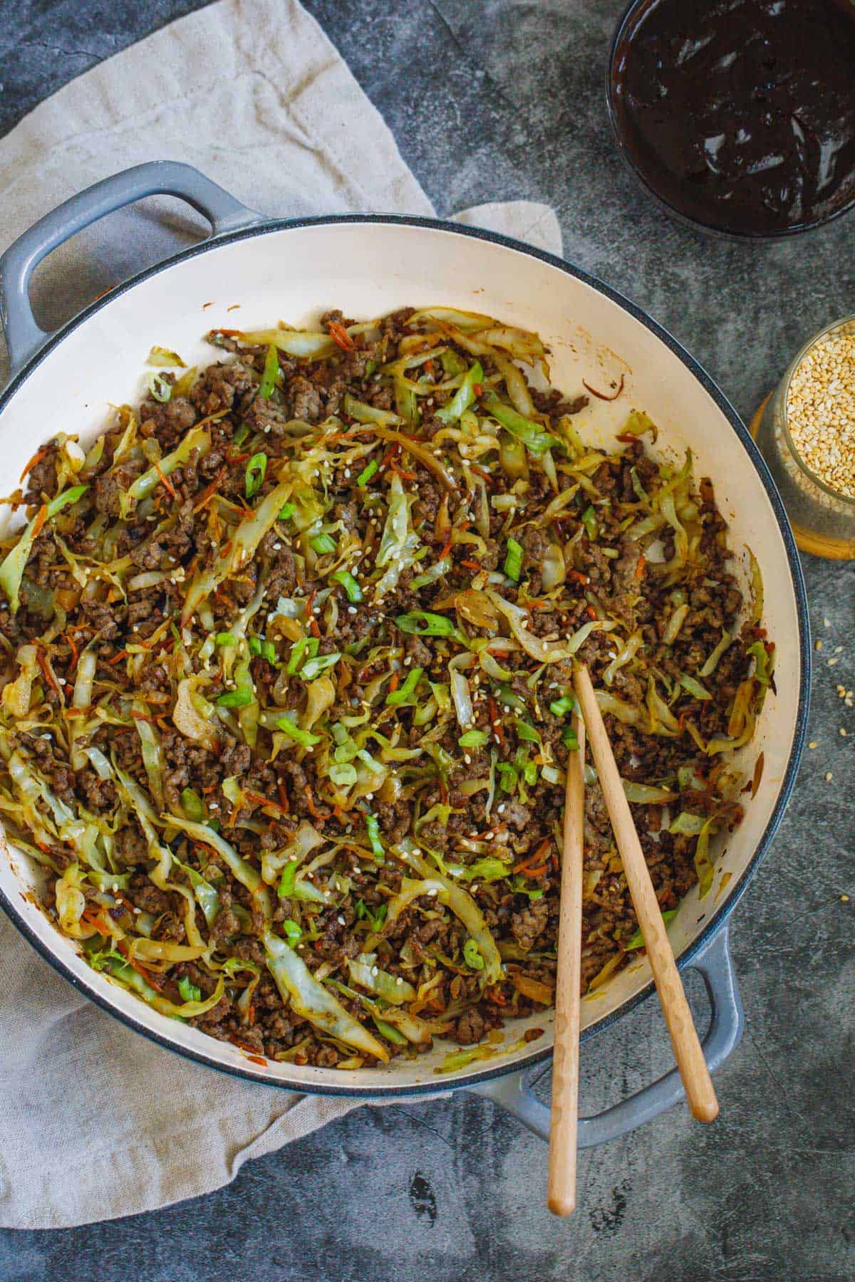 Enjoy the BEST recipe for Egg Roll in a Bowl ready in just 20 minutes. Egg Roll Bowls are made with ground beef, cabbage, veggies, and sauce. Egg Roll in a bowl sauteed in a skillet