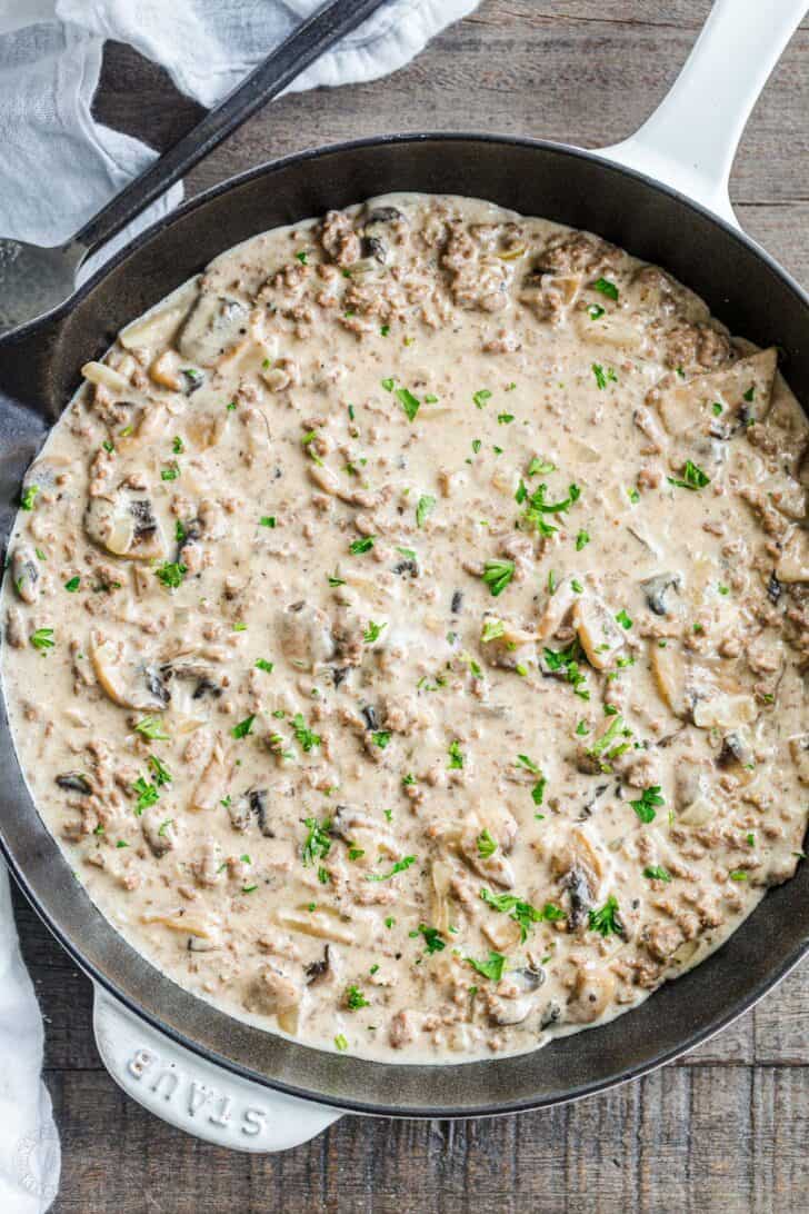 Ground Beef Stroganoff in a cooking pan