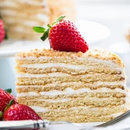 This honey cake is so soft and fantastic. The honey baked into the cake layers pairs perfectly with the simple sour cream frosting. It will WOW your crowd!
