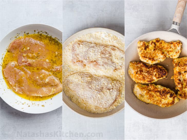 Step-by-step collage instructions how to make lemon chicken with lemon butter sauce. 