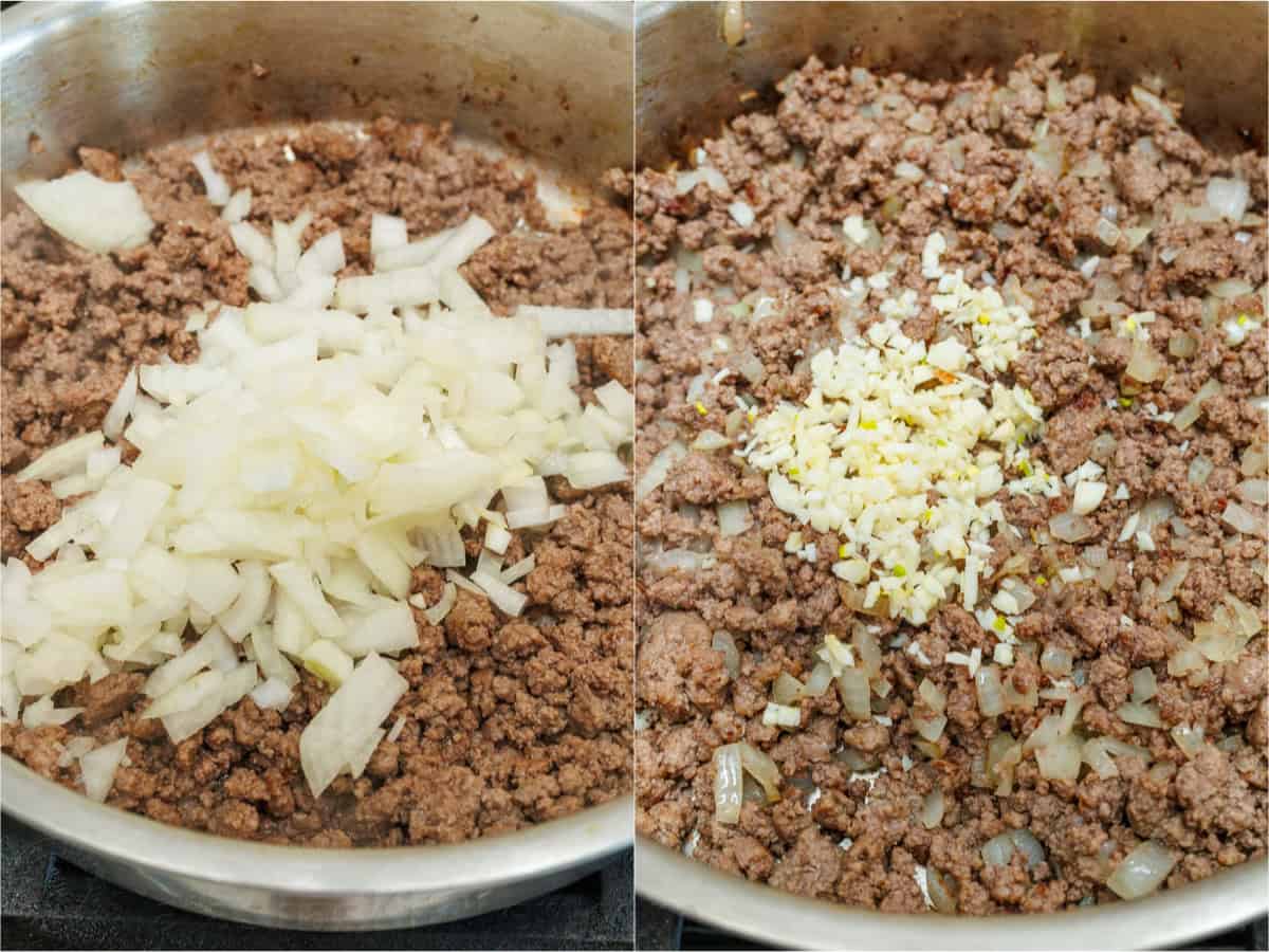 Mexican Beef and Rice Skillet is a quick, 30-minute meal—seasoned beef, loaded rice, and gooey melted cheese. The perfect one-pan wonder! Browned ground beef with diced onion and minced garlic on top