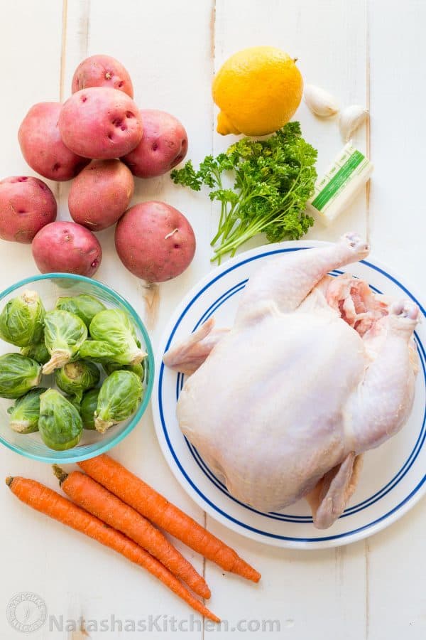 Ingredients for Spatchcock chicken recipe for how to roast a whole chicken and make a one pan chicken dinner