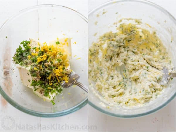 Two photos of a bowl with herb butter