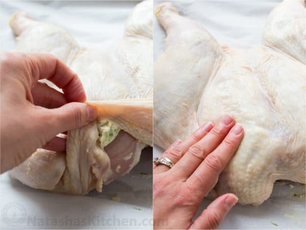 Two photos of herbed butter being put under the skin on a whole chicken 
