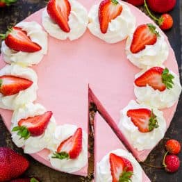 No bake strawberry cheesecake with slice cut for serving